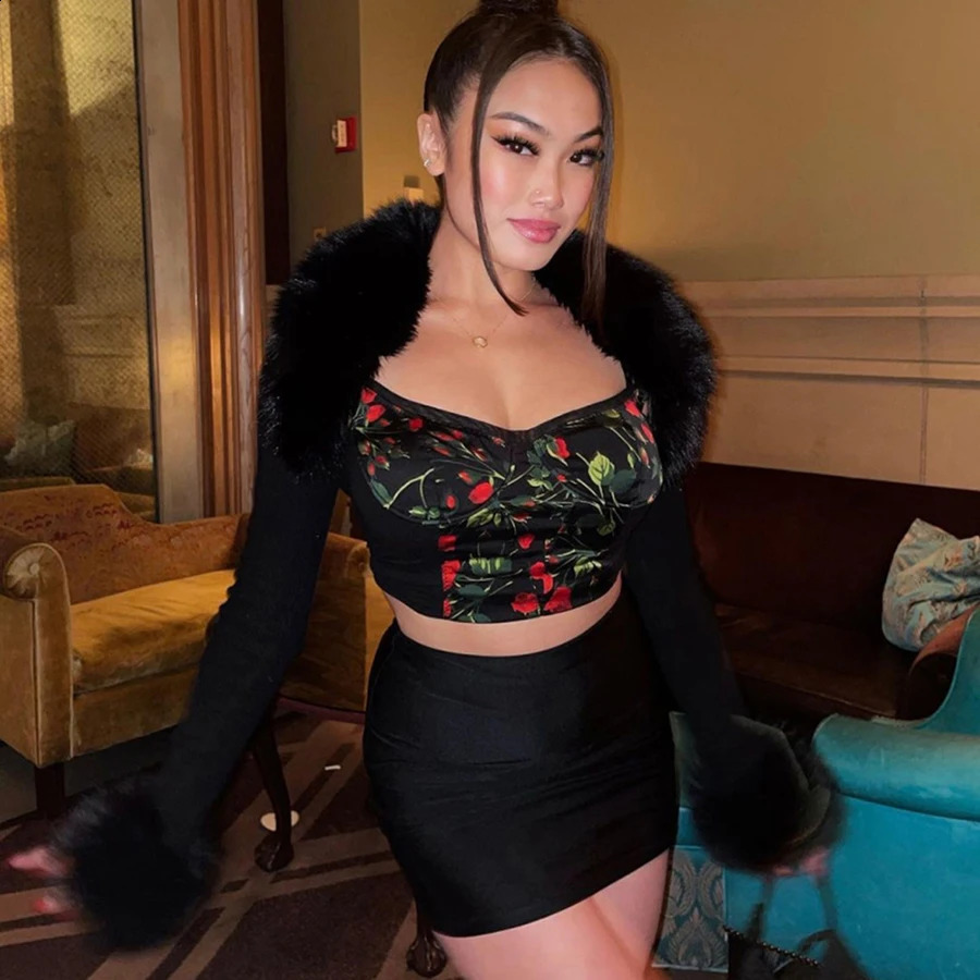 Artificial fur coat womens autumn clothing black short sleeved jacket knitted cut cardigan 240824