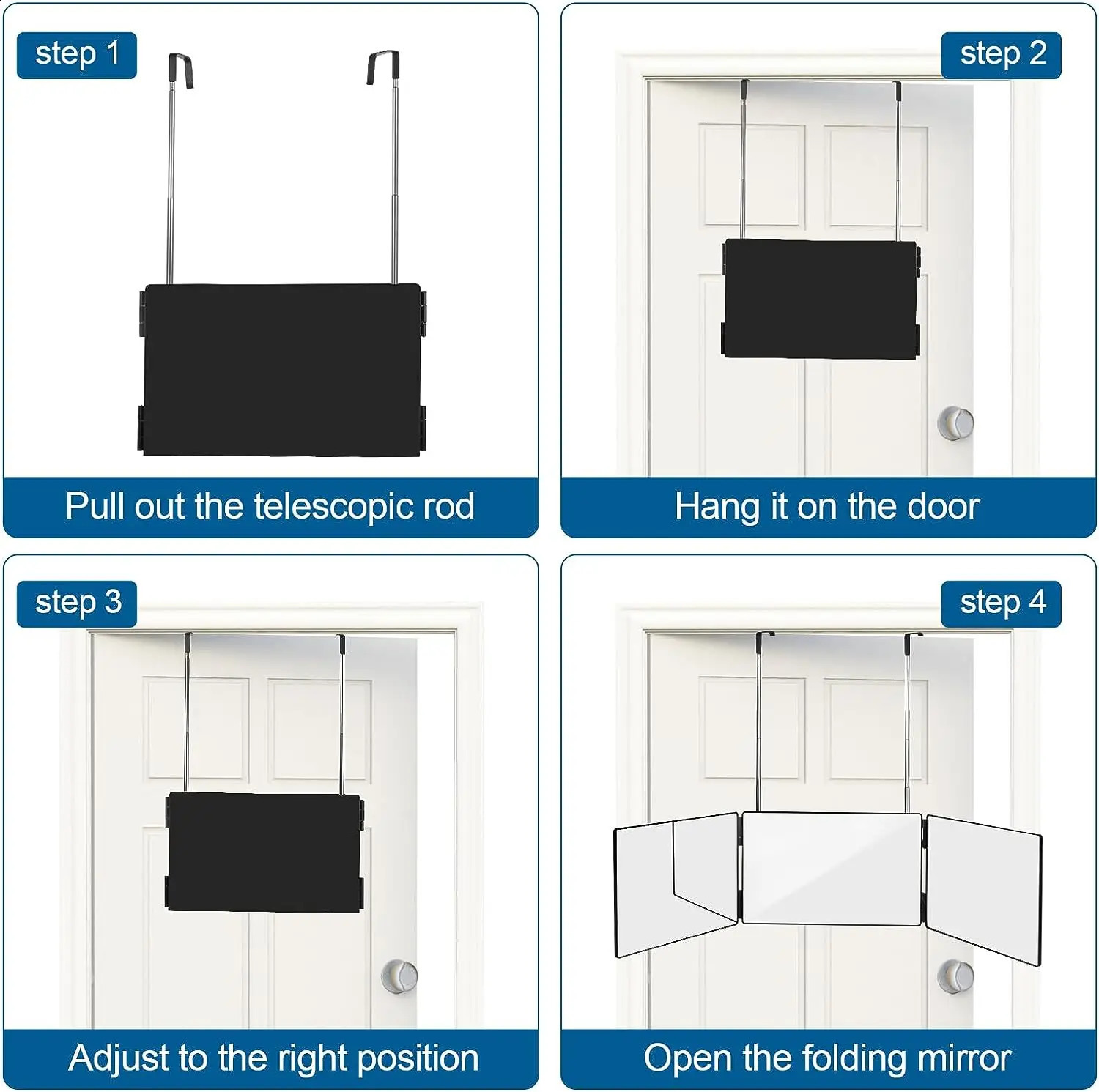 Black portable 360 fold mirror with height adjustable telescopic hook perfect for self cutting hair and makeup 240729