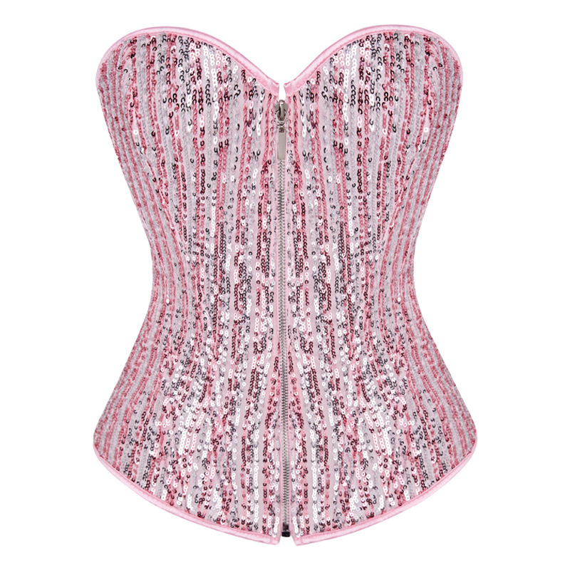 Women Striped Sequins Zip-up Overbust Corset Fashion Sequined Steampunk Plus Size Shapewear Fashion Showgirl Clubwear Shaper Pink Black