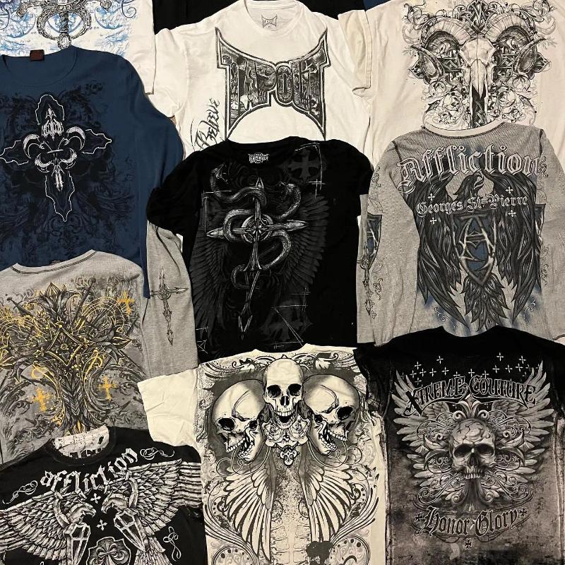 Men's T Shirts Summer Trendy Gothic Style Cotton T-shirts Skull Graphic Tshirts Retro Grunge Hip Hop Men Clothing Oversized Short Sleeve