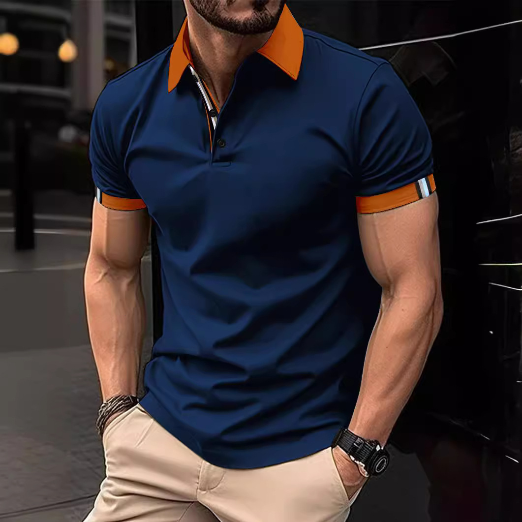 2023 Spring Button Polo Shirt Solid Color Short Sleeve Collar T-shirt Casual Fit Top Men's Wear