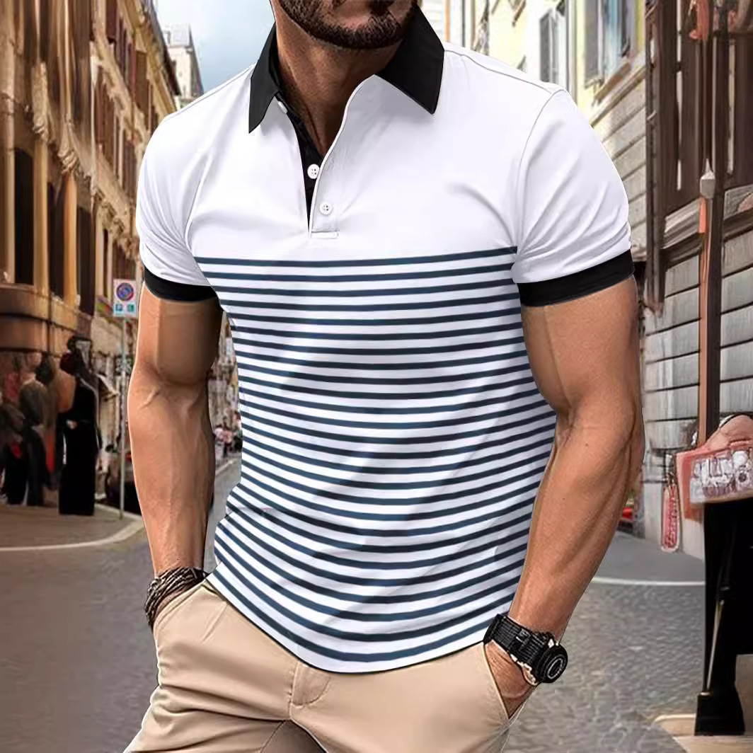 Fashion Polo Cedar Stripe Printed Casual V-neck Button Short Sleeve Men's Comfortable Shirt Top Summer