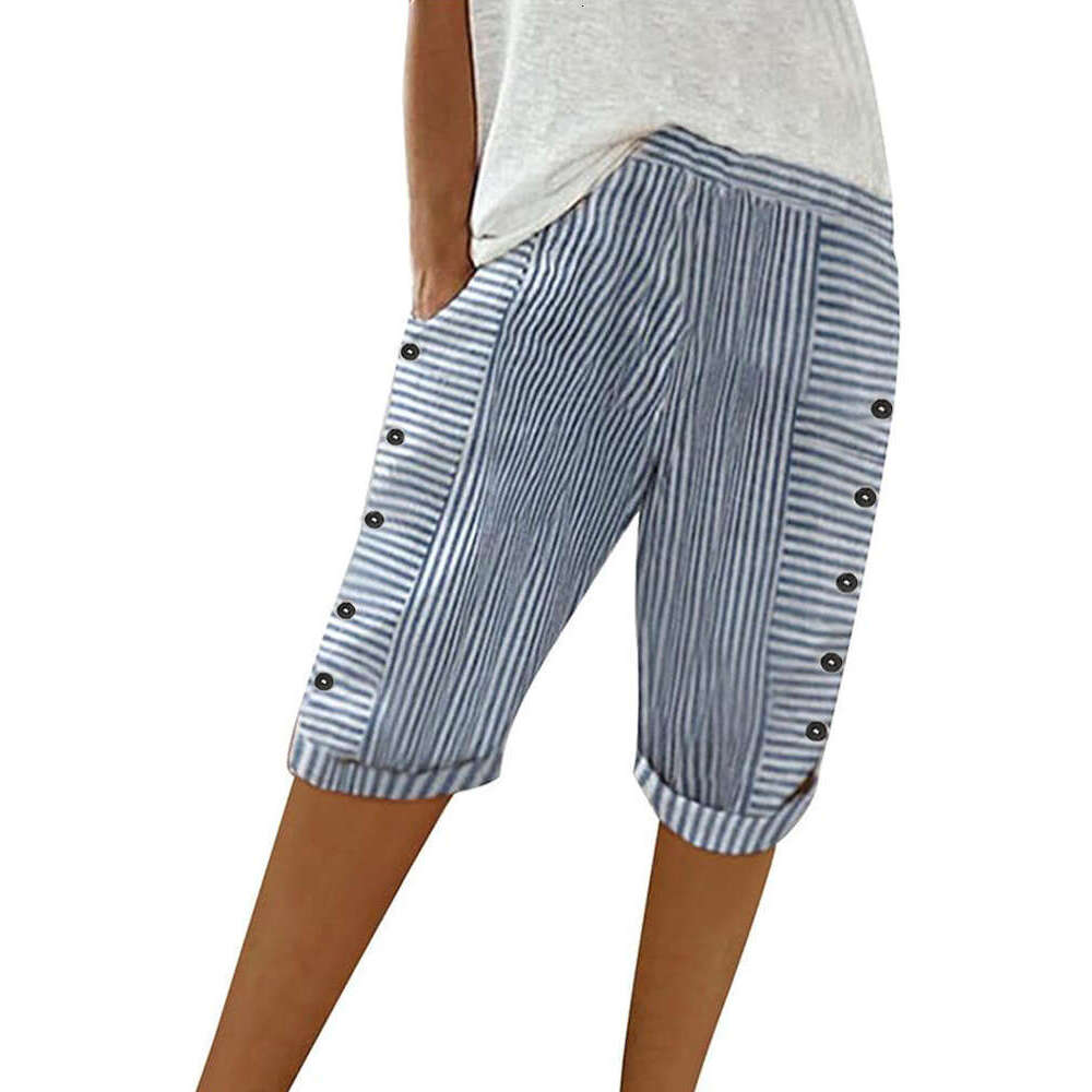 Womens Striped Printed Summer Knee Length Bermuda Casual Elastic Waist Button Shorts Hip-hop Style and Sweat Pants Unisex Waterproof Trousers Man