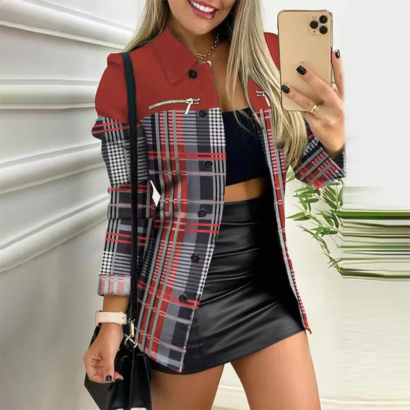 European and American long sleeved single breasted color blocking printed lapel jacket 240802