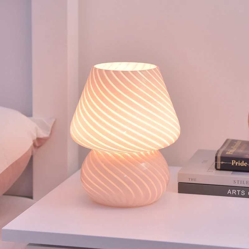 Ins Creative Glass LED Lamp Bedroom Bedside Table Night Light Striped Frosted Mushroom Table Simple Decoration Cute TranslucentM240731