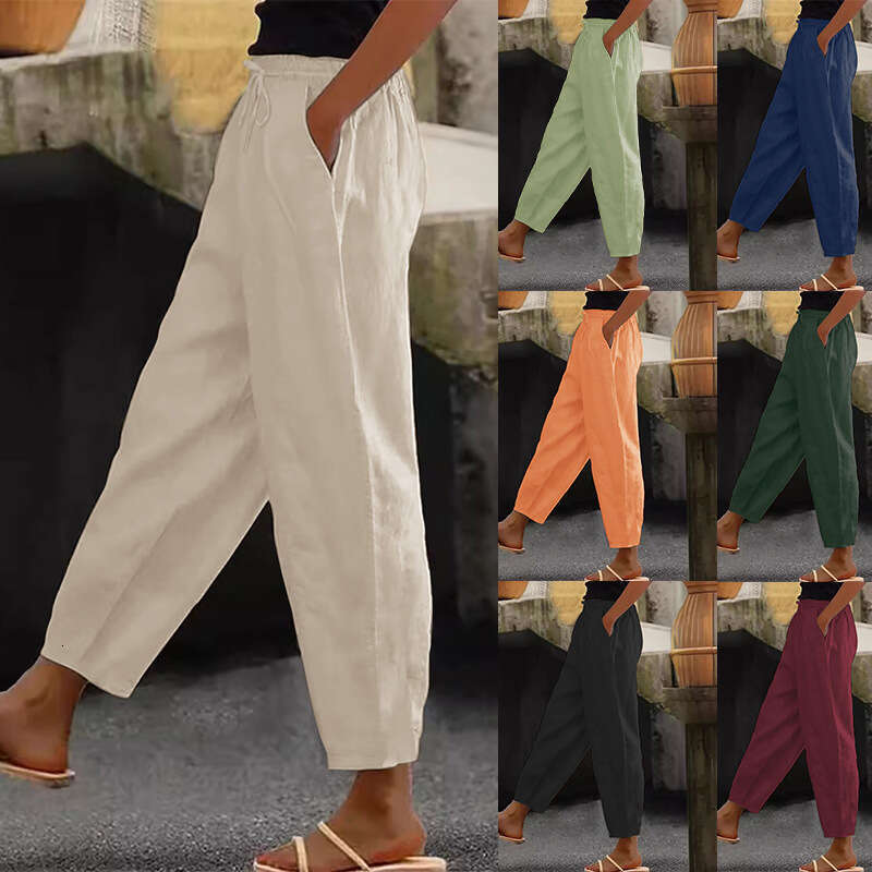 Spring Autumn New Cotton and Hemp Solid Color Fashion Daily Side Bag Elastic Casual Womens Pants College Style and Sweat Pants Unisex Waterproof Trous