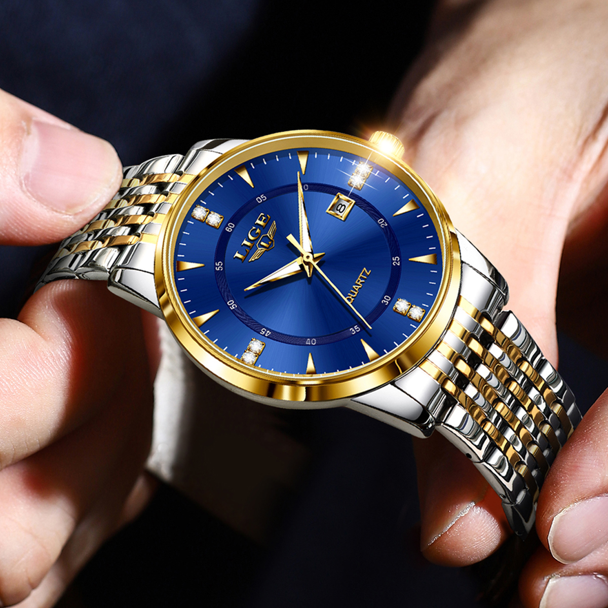 LIGE Men's Business Quartz Watch Stainless Steel strap Classic dial Men's Waterproof Watch Three pin Calendar watch Holiday gift Ultra-thin 