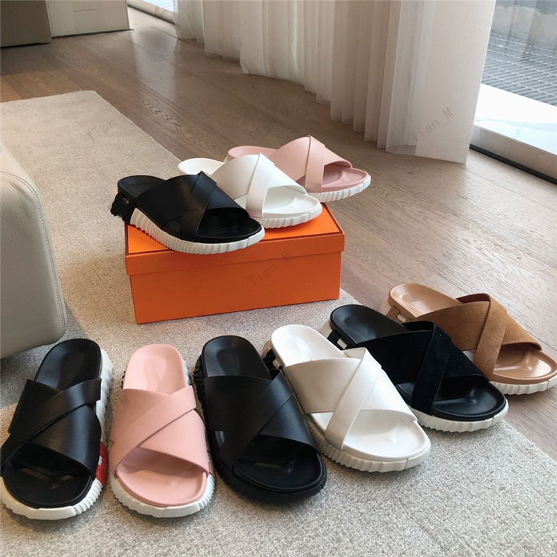 NEWEST TOP Quality Slides designer Slipper leather Leisure Luxury Style women men Black White Leather Sandal Shoes Summer Designer Thick Sole Cross-strap Men's Shoes