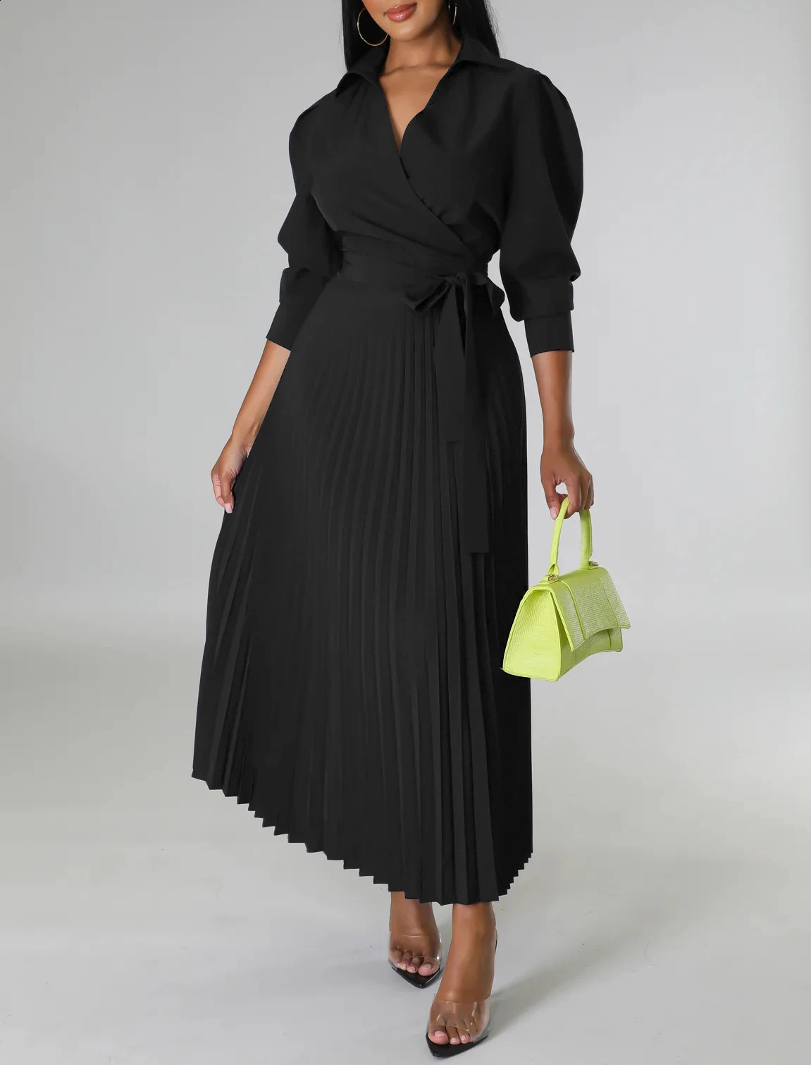 Summer Pleated Maxi Dress Women Casual Solid Turn Down Collar Half Sleeve Ruched Party Club Work Business Wedding Dress Women 240805