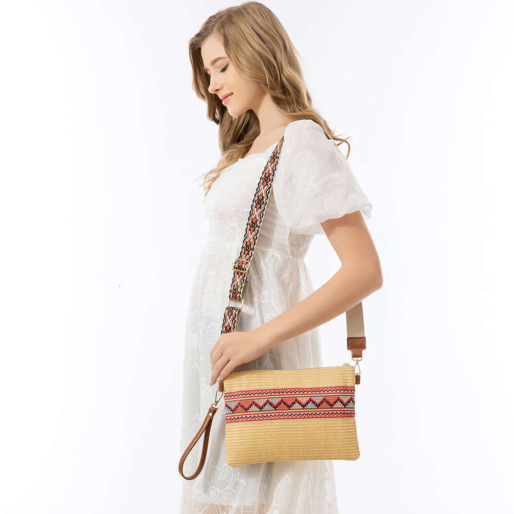 Handheld Grass Woven Bag Women Handbag Clutch Weaving Wallet Removable Wide Shoulder Strap Zipper Open High Quality