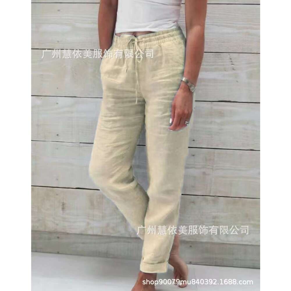 2024 Summer Elastic Waist Solid Color Cotton Hemp Wide Leg Loose Pants Womens Wear Cotton Trousers Straight Tube Plaid Trousers Overalls Gold Velvet P