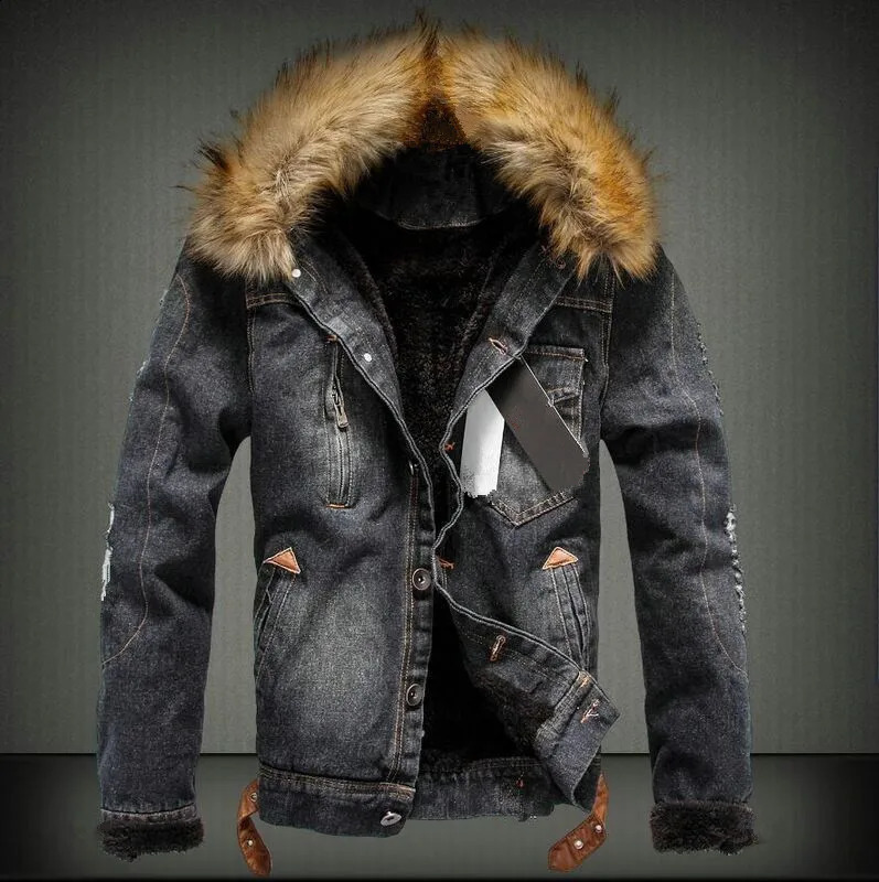 6XL winter thick warm mens denim Jakcet casual jacket wool retro oversized fur collar clothing 240824