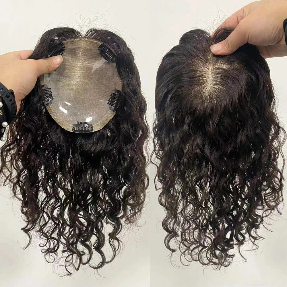 Curly Silk Base Topper Human Hair deep Curl Hand Tied Silk Top Toupee Virgin Hair Piece with Clips in for Women 6x6"