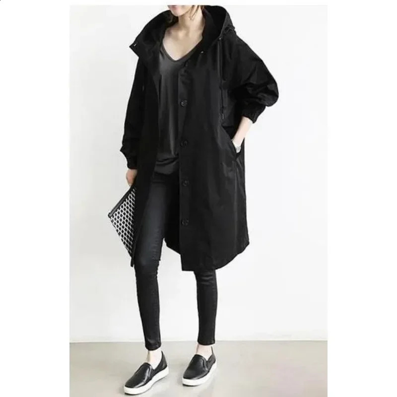 Autumn Trench Coat Women Solid Color Loose Cardigan Large Coat Women Long Sleeve Pocket Single Breasted Turn-down Collar Trench 240805