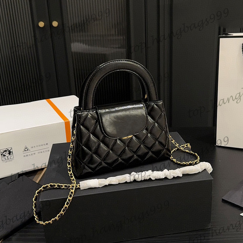 12cm/18cm Women Shiny Lambskin Oil Leather Suitcase Bags Gold Metal Hardware Matelasse Chain Crossbody Makeup Top Handle Totes Cluch Outdoor Sacoche Purse 4 Colors