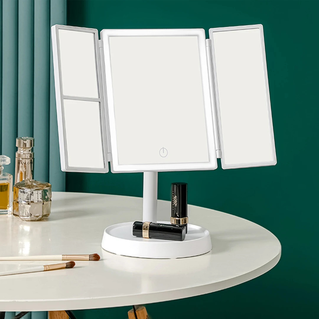 Folding LED makeup mirror with touch screen 3color light 2X3X magnifying 360 ° rotating rechargeable dimming 240729
