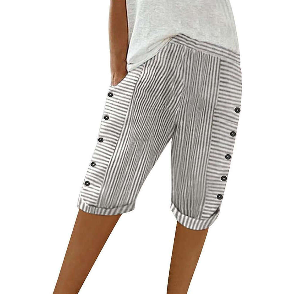 Womens Striped Printed Summer Knee Length Bermuda Casual Elastic Waist Button Shorts Hip-hop Style and Sweat Pants Unisex Waterproof Trousers Man