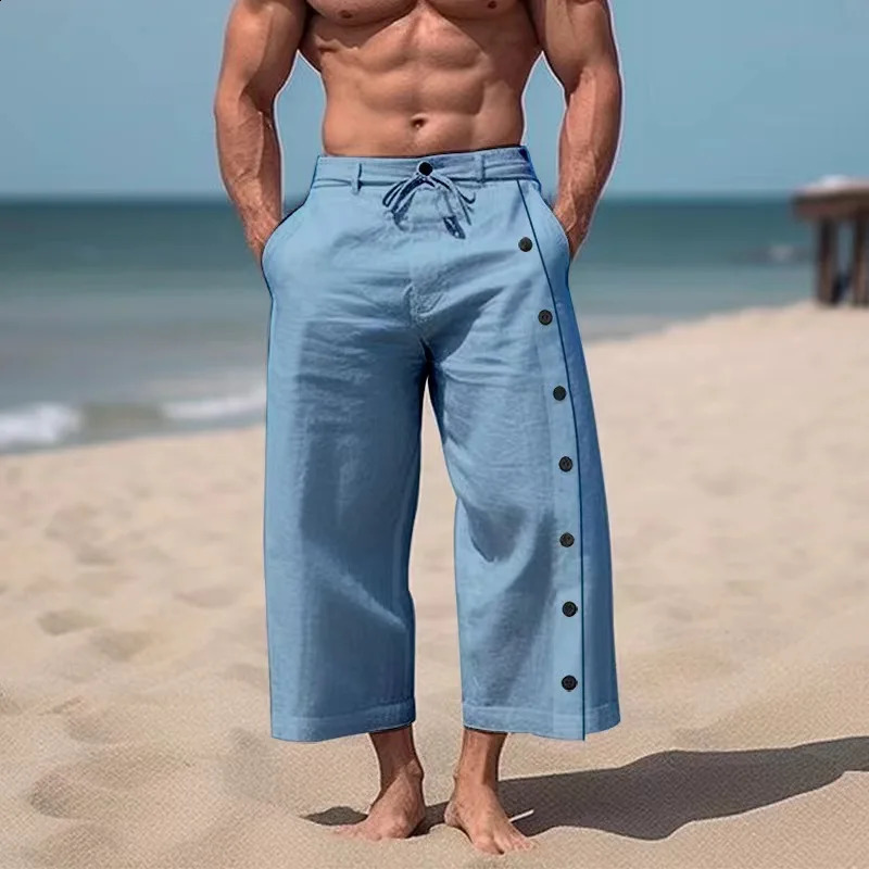 Spring Summer Fashion Vintage Men Cotton Linen Pants Side Buttoned Solid Trousers Casual Loose Male Oversized Wide Leg Pants 240805