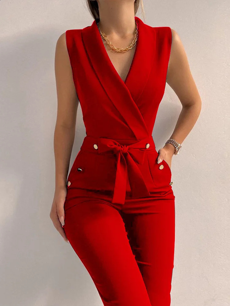 Womens casual V-neck jumpsuit button lace sleeveless wide leg pants streetwear jacket womens jumpsuit240802
