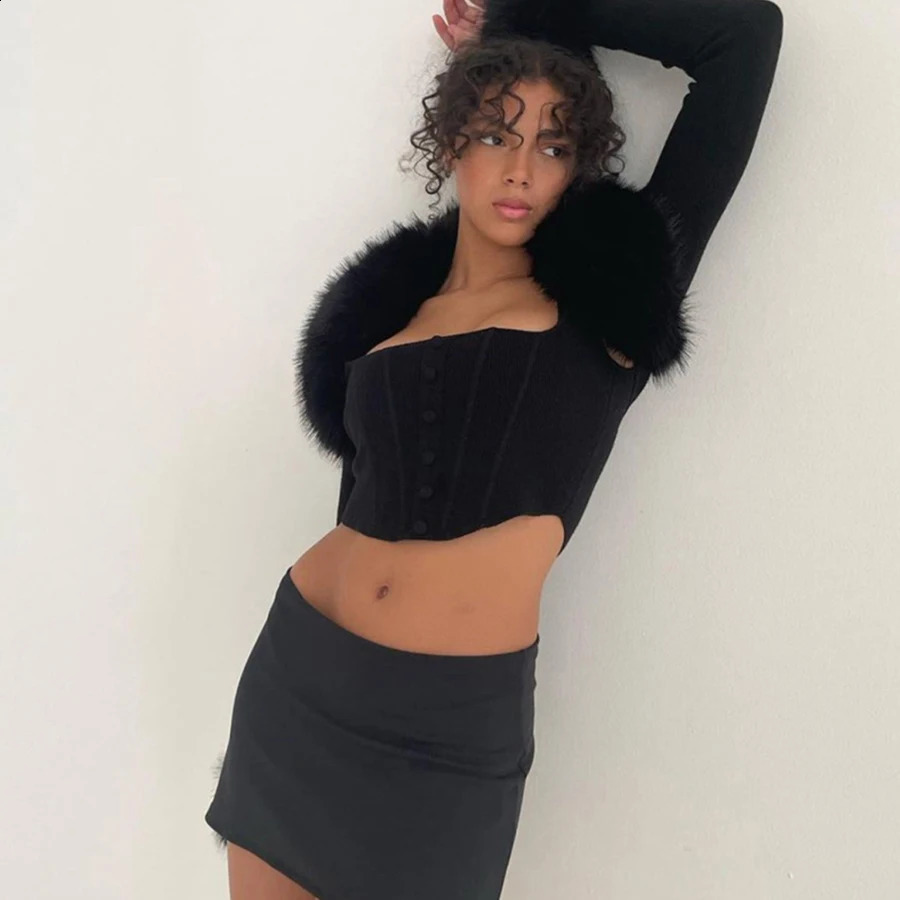 Artificial fur coat womens autumn clothing black short sleeved jacket knitted cut cardigan 240824