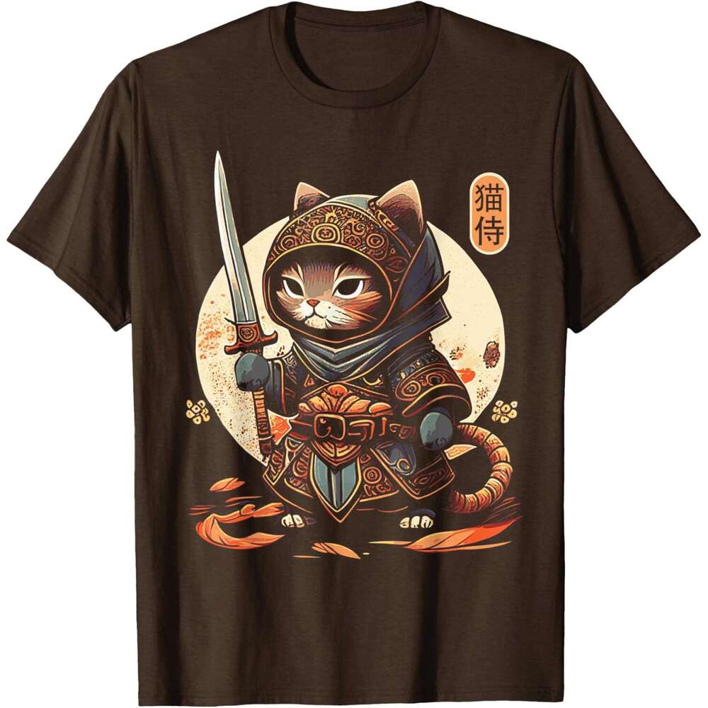 T shirt Mens Japanese Samurai Tattoo Kawaii Ninja Cat T-Shirt shirts tshirt graphic tee Casual tops summer clothes Short sleeve Free shipping
