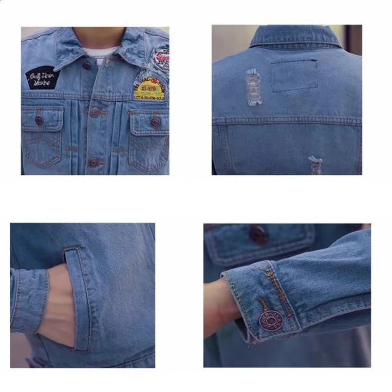 Tear open mens denim jacket ultrathin fashion badge jeans full matching streetwear spring 240824
