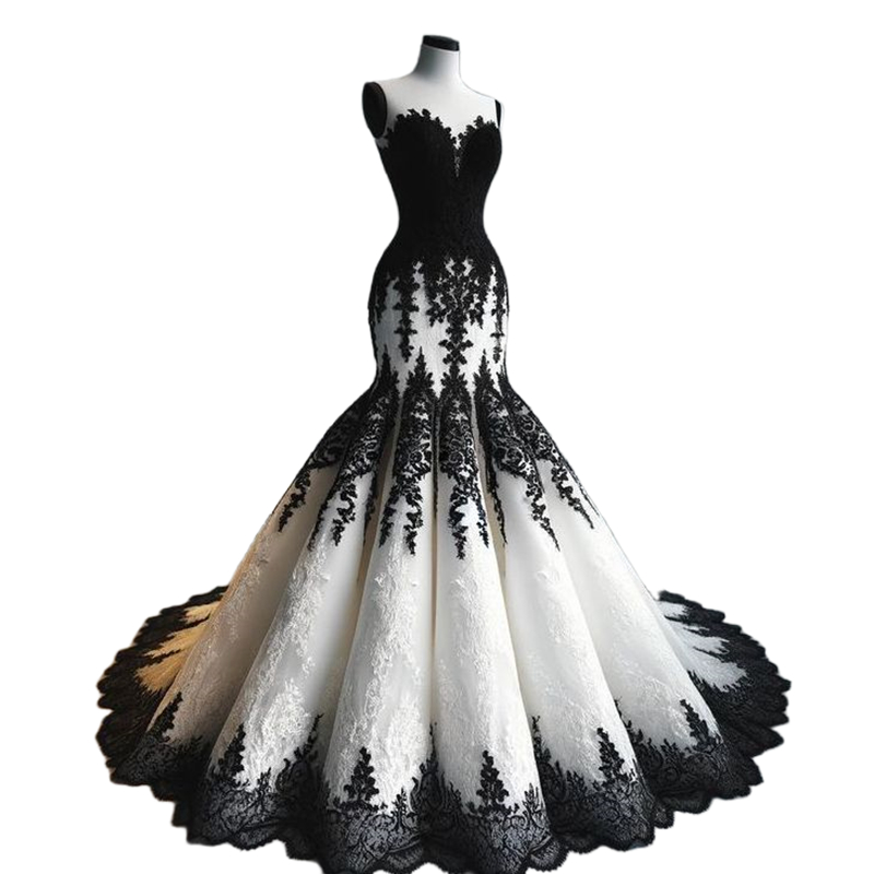 Black And White Mermaid Gothic Wedding Dresses Lace Appliques Strapless Sweetheart Long Bridal Gowns 2024 Sleeveless Court Train Vintage Vestido De No