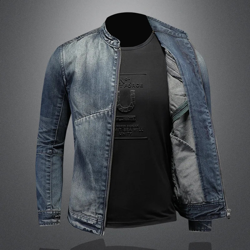 Spring mens retro denim jacket fashion ultrathin set motorcycle jeans solid color cotton 240824