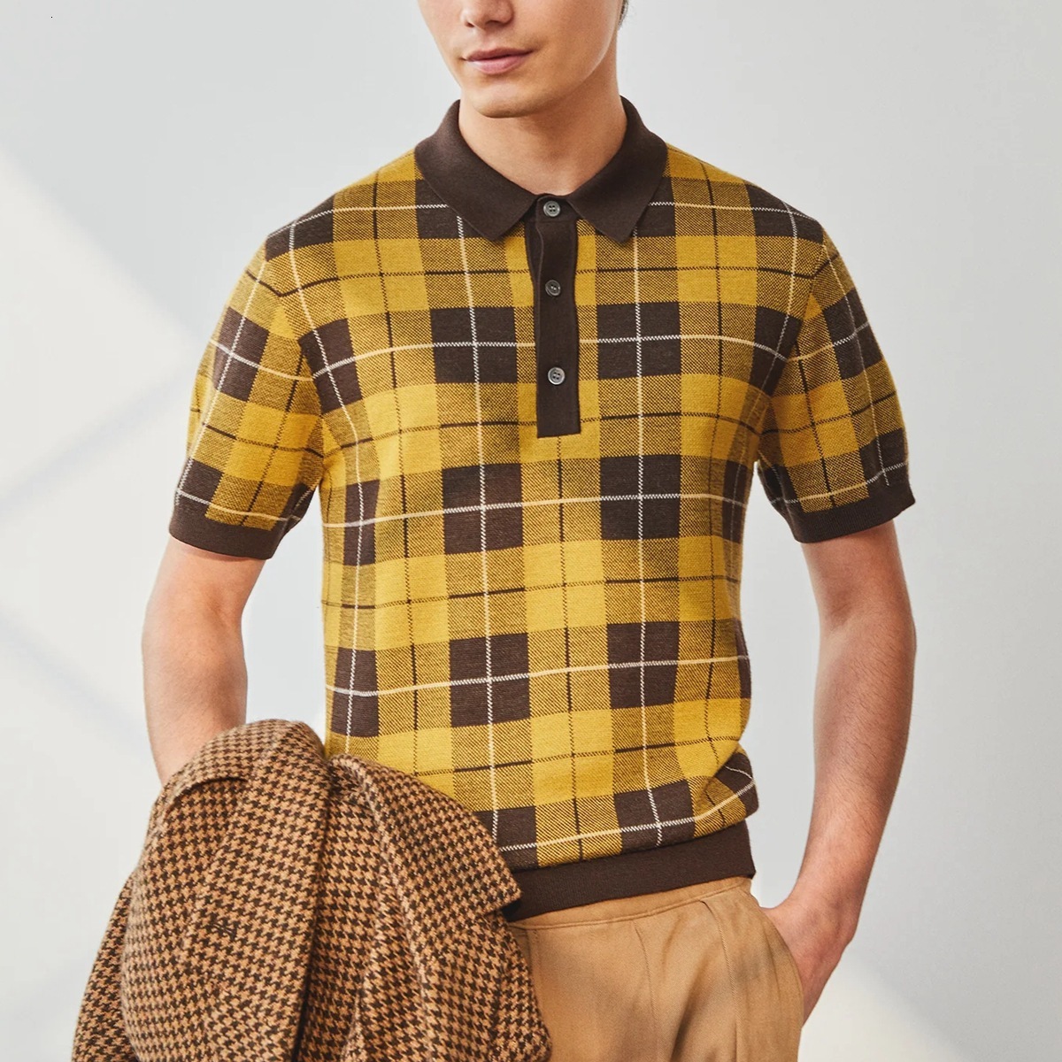 Men's checkered jacquard knitted polo shirt casual business top BK0048