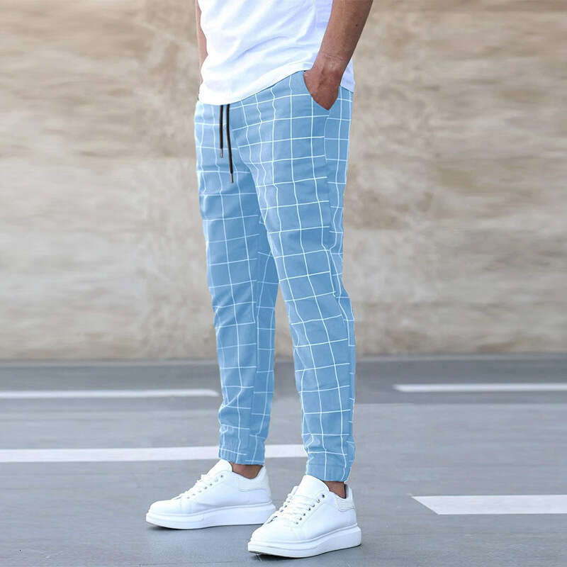 2024 New Street Trendy Checkered Casual Fashionable Perforated Rope Pants Simplicity Bound Feet Harlan Sweatpants Half Pants for Men Jeans for Pregnan