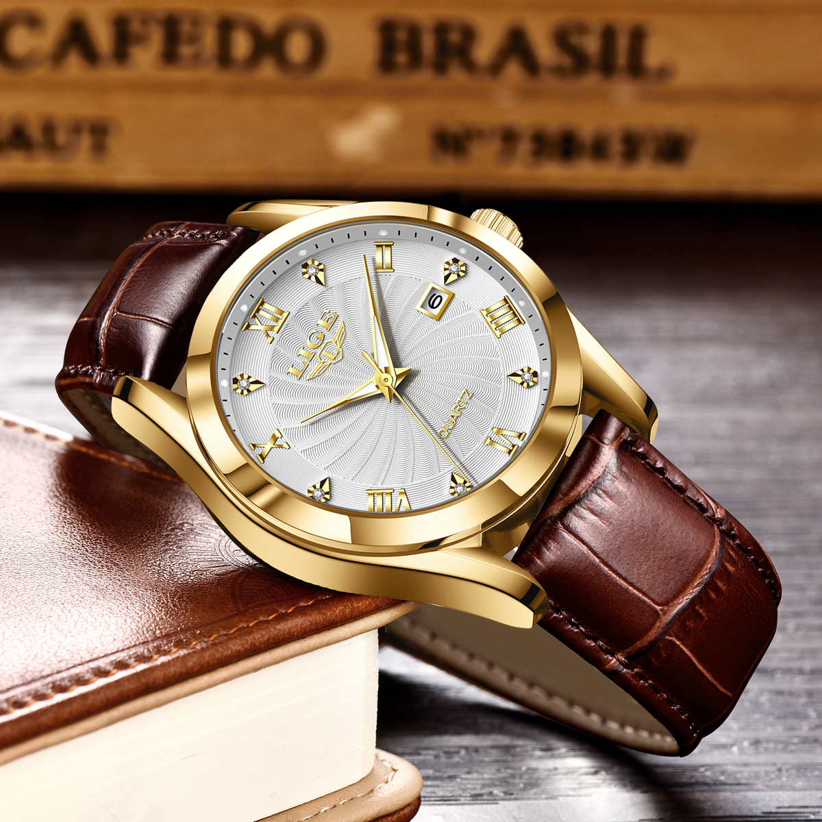 LIGE Men's Business Quartz Watch Premium Brand Watch Premium Leather strap Classic dial Men's Waterproof Watch Three pin calendar watch Holi