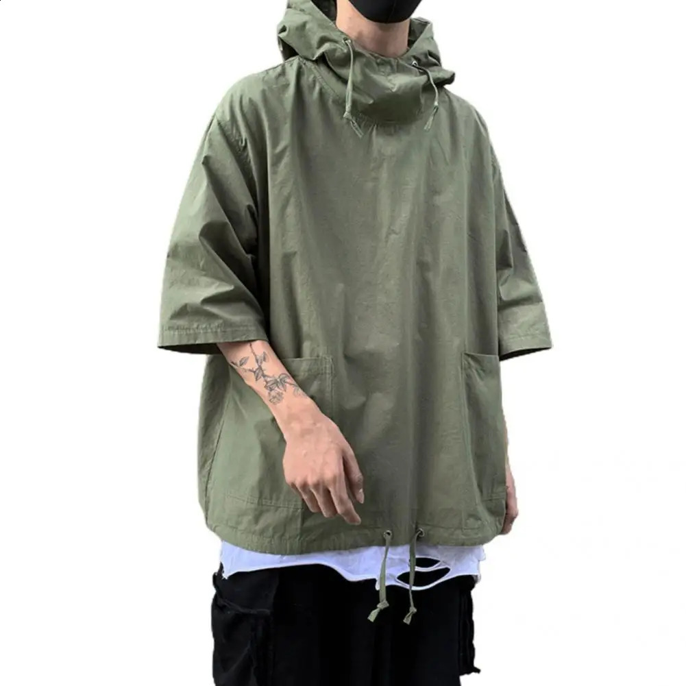 Drop Mens Pullover Hooded Half Sleeve Top Soft Big Pocket Loose T-shirt for Everyday 240805