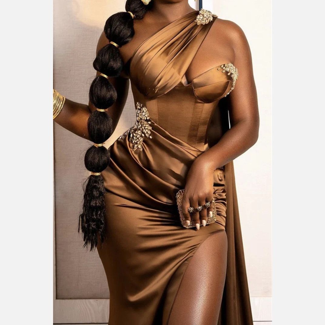 Brown One Shoulder Prom Dresses Cocktail Dress for Girls Sleeves Mermaid Party Graduation Birthday Party Gowns