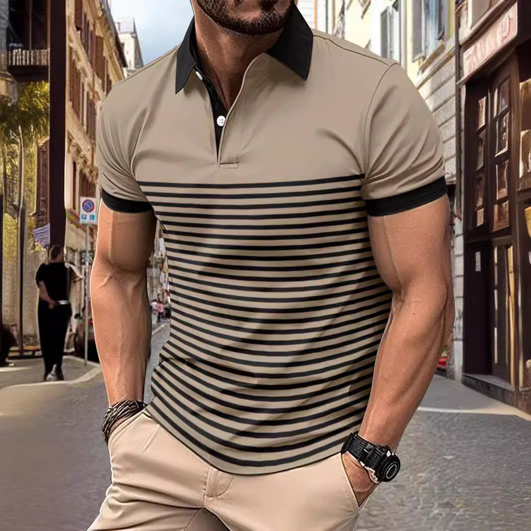Fashion Polo Cedar Stripe Printed Casual V-neck Button Short Sleeve Men's Comfortable Shirt Top Summer