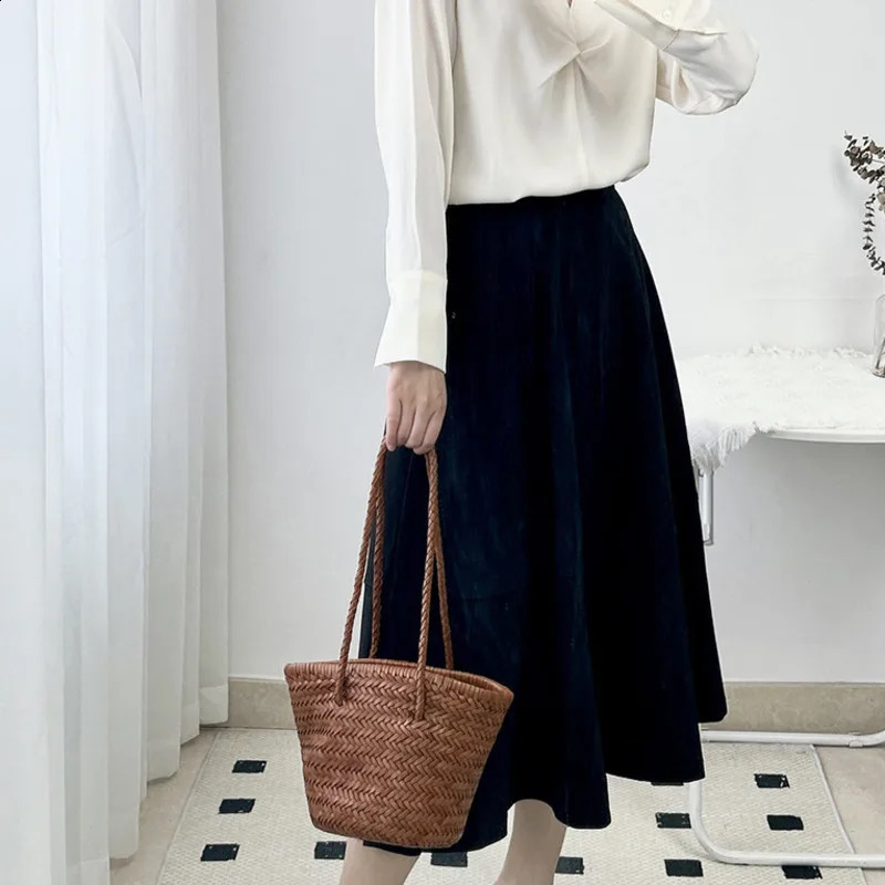 Summer One Shoulder Brown Woven Bag Women Seaside Sle Retro Premium Genuine Leather Vegetable Basket 240802
