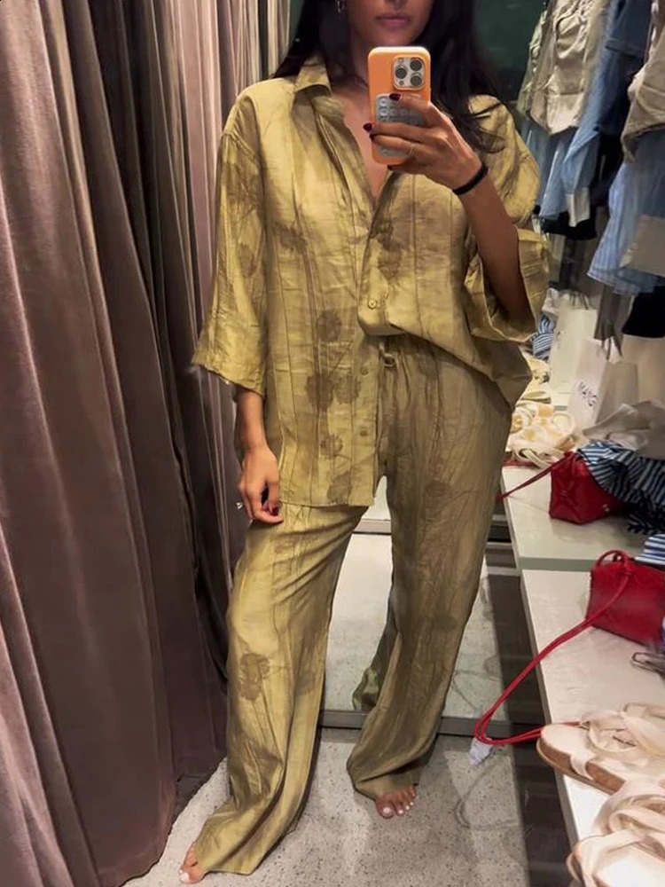 Linen Tie-dye Print Long Pants Sets For Women Lapel Half Sleeve Single Breasted Shirts Drawstring Wide Leg Pant 2 Pieces Set 240729
