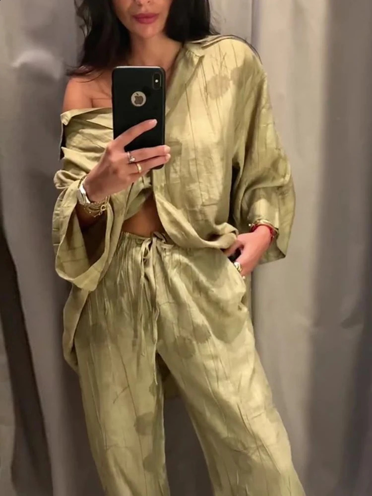 Linen Tie-dye Print Long Pants Sets For Women Lapel Half Sleeve Single Breasted Shirts Drawstring Wide Leg Pant 2 Pieces Set 240729