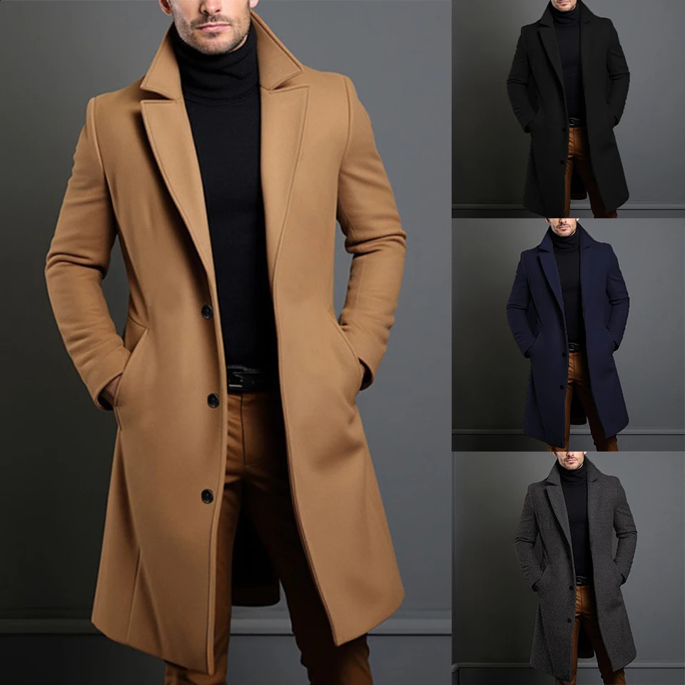 Warm And Comfortable Black Trench Coat For Mens Long Sleeve Single Breasted Overcoat Perfect For Fall And Winter 240828