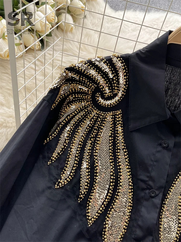 SINGREINY Sequines Wing Chiffon Shirt Women Elegant Lapel Long Sleeve Beading Fashion 2024 Spring Lady Slim Casual Blouse 240805