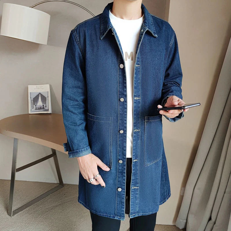 Medium length denim windproof jacket mens spring and autumn casual trench coat Korean fashion solid loose trendy 240824