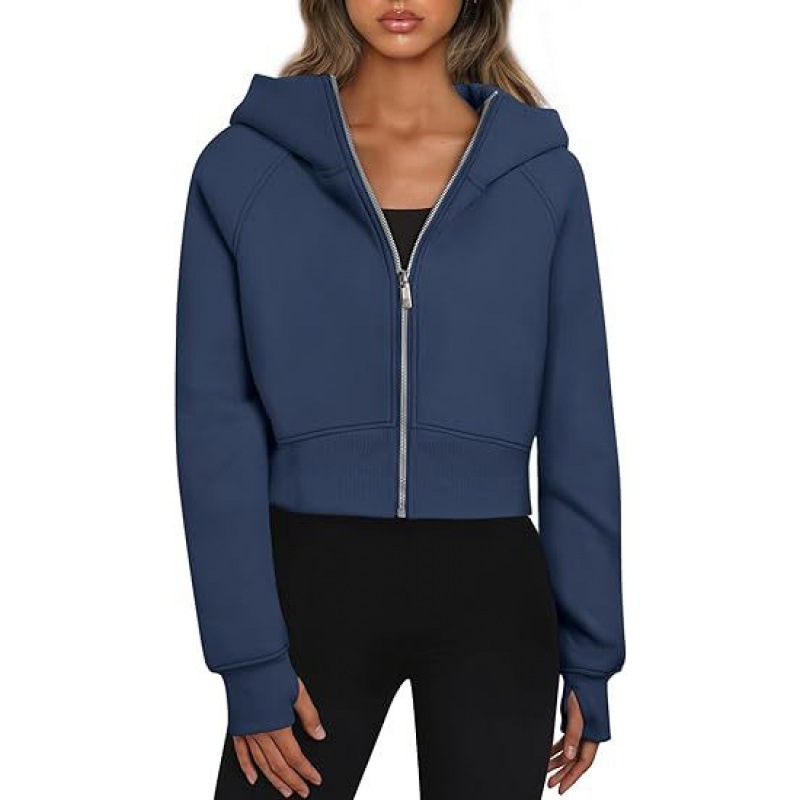 Crop Hoodie Womens Fleece Thickened Yoga Jacket Short Full Zipper Sport Hooded Loose Coat Cardigan Sweatshirt