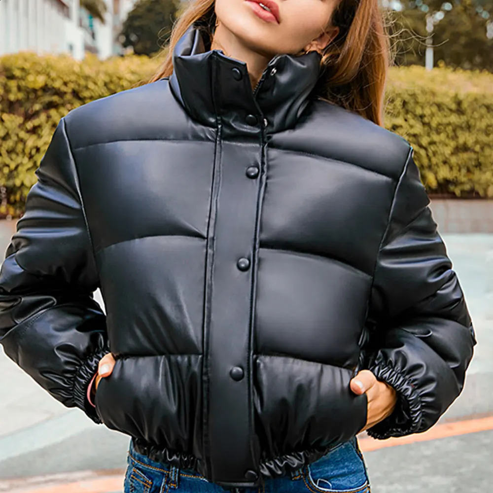 Womens Black PU Leather Cropped Puffer Jacket Winter-Ready Warm Style