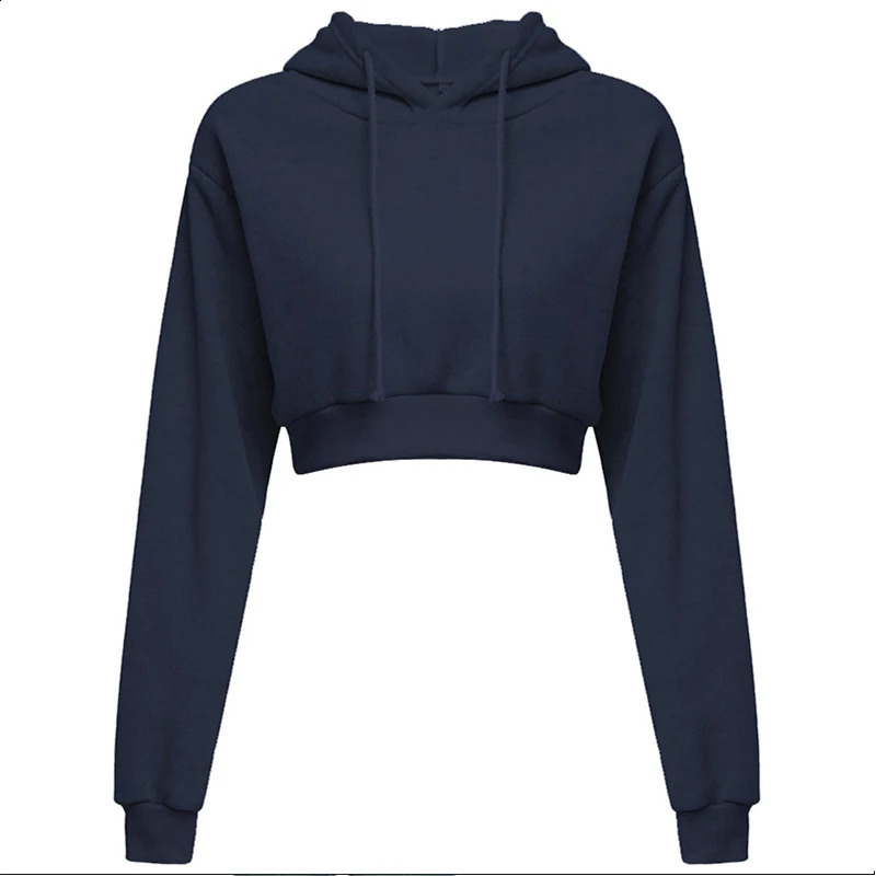 Sporty pullover Long sleeve casual open navel solid hooded Sweatshirt short top Hoodie sweater 240813