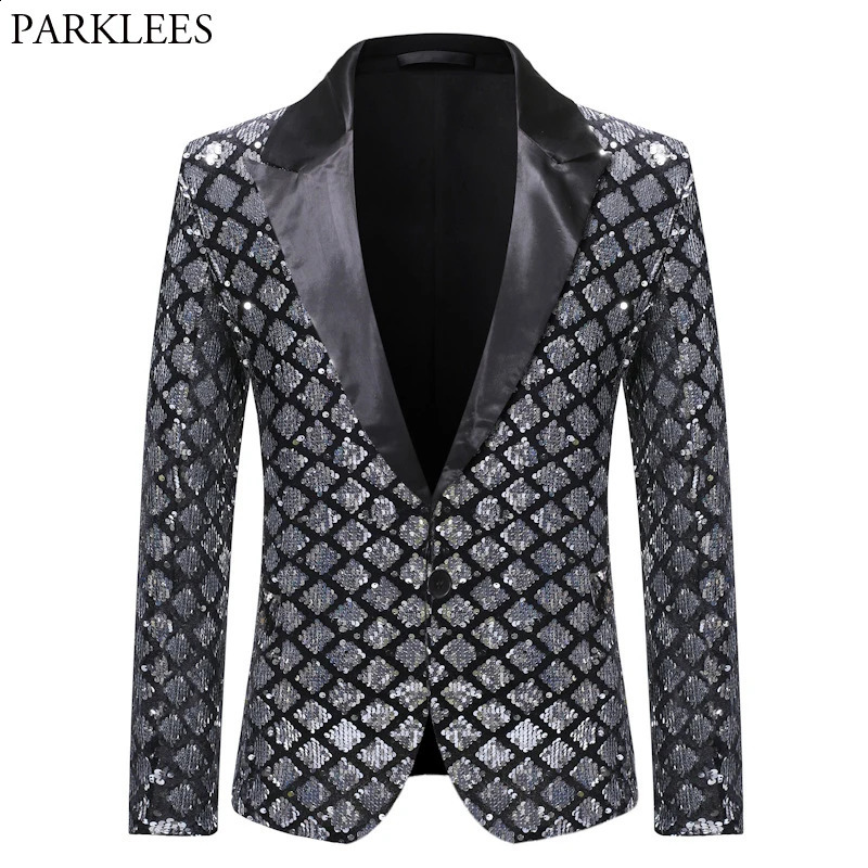 Silver Sequin Plaid Blazer Jacket Men Fashion Slim FIt One Button Dress Suit Blazer Male Party Wedding Stage Costume Homme 240805