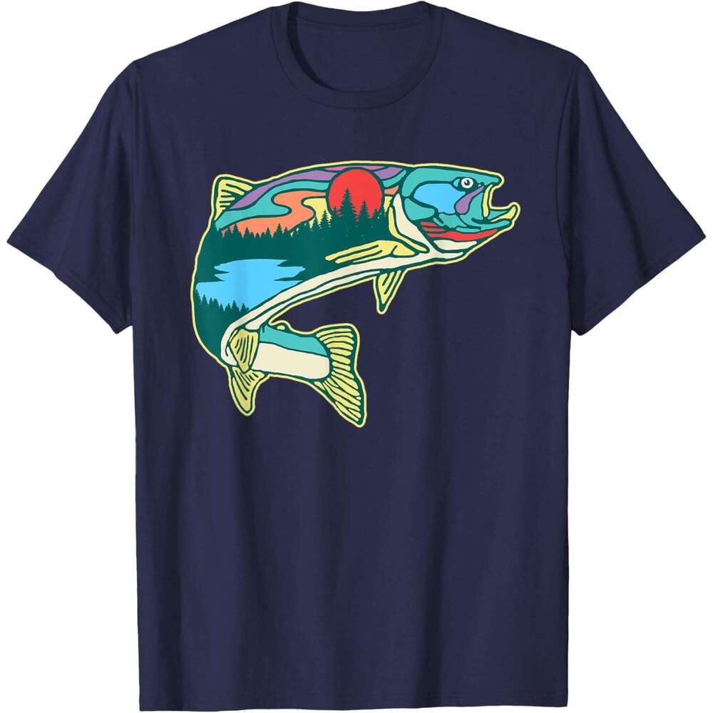 T shirt Mens Nature Trout Illustration Vintage Fly Fishing Retro Graphic T-Shirt shirts tshirt graphic tee Casual tops summer clothes Short sleeve Fre