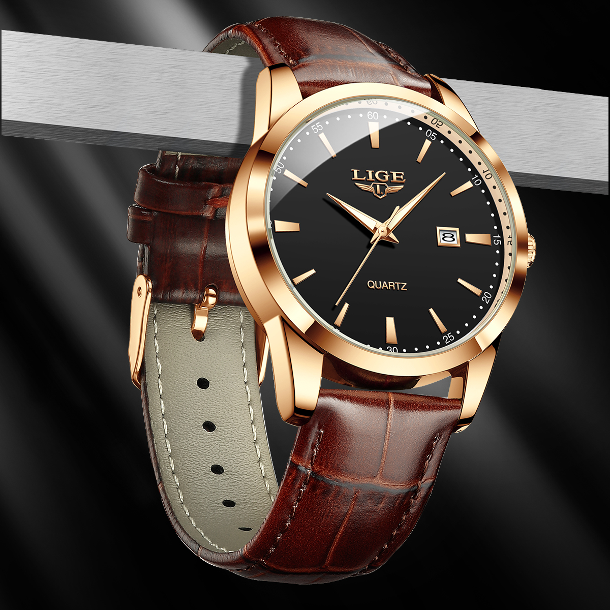 LIGE Men's Business Quartz Watch Premium Brand Watch Premium Leather strap Classic dial Men's Waterproof Watch Three pin calendar watch Holi