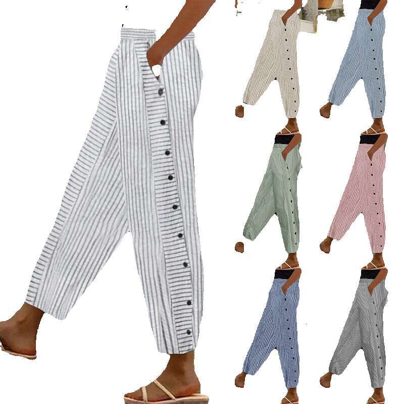 2024 New Womens Striped Casual Fashionable High Waisted Cropped Pants Small Leg Pants with Slight Elasticity Bound Feet Gold Velvet Pants Half Pants f