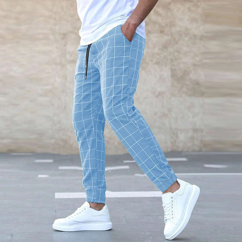 2024 New Street Trendy Checkered Casual Fashionable Perforated Rope Pants Simplicity Bound Feet Harlan Sweatpants Half Pants for Men Jeans for Pregnan