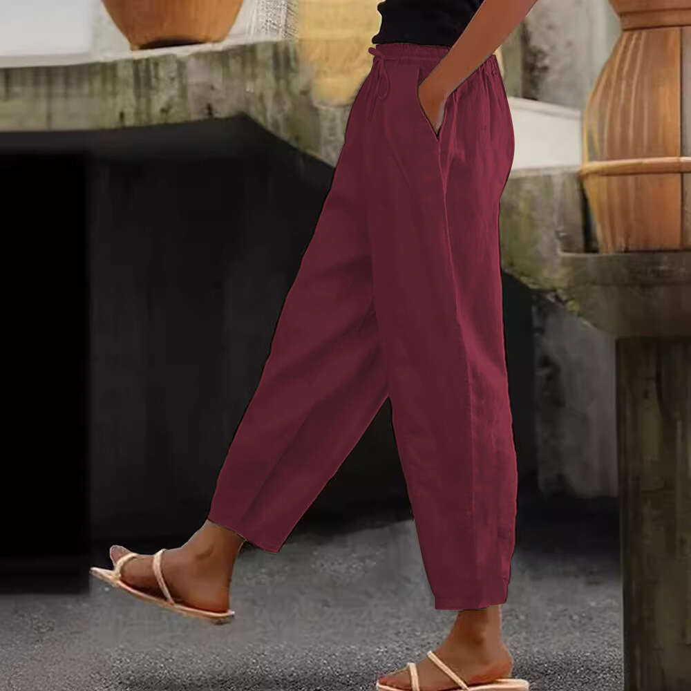 Spring Autumn New Cotton and Hemp Solid Color Fashion Daily Side Bag Elastic Casual Womens Pants College Style and Sweat Pants Unisex Waterproof Trous