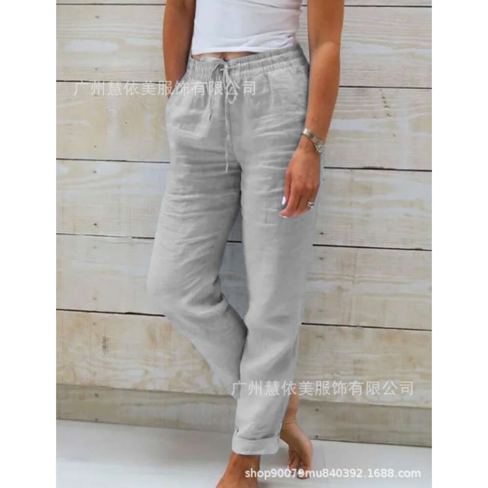 2024 Summer Elastic Waist Solid Color Cotton Hemp Wide Leg Loose Pants Womens Wear Cotton Trousers Straight Tube Plaid Trousers Overalls Gold Velvet P